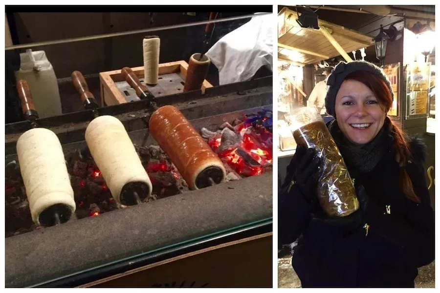 Left; Chimney cakes slowly cook over hot embers. Right: Jade displays the finished article