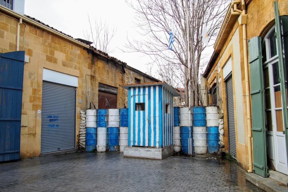 The boundary of the UN buffer zone in Nicosia, as seen from the Southern side.