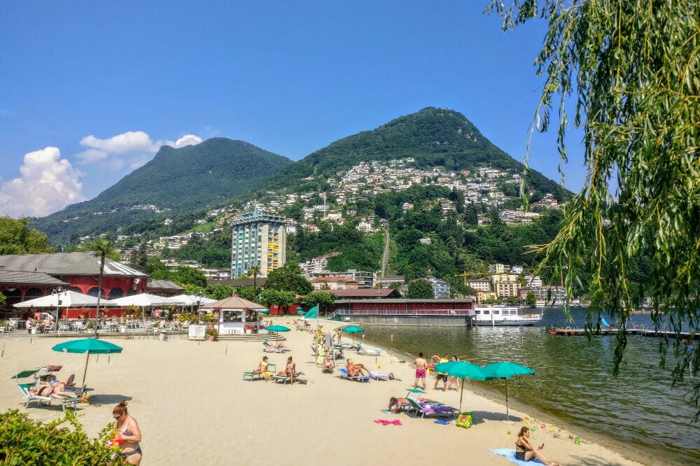 The beach at Lido di Lugano with Monte Brè in the background