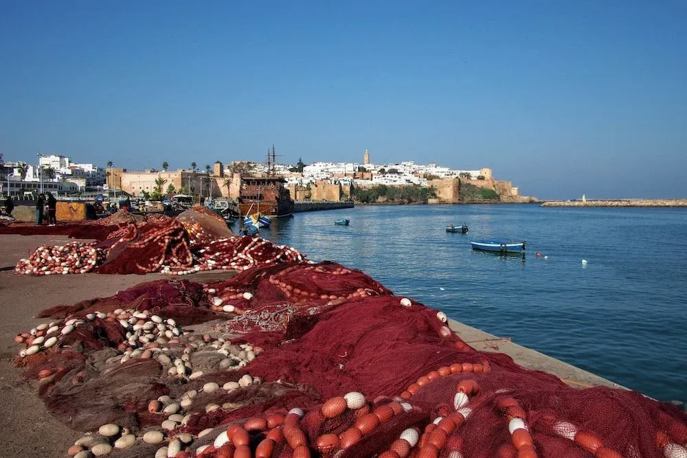 Fishing nets drying out on the harbour side wall