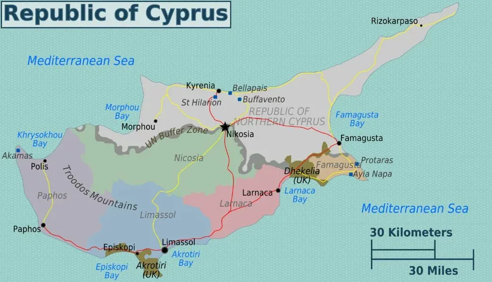 Map of Cyprus, showing the complicated territory boundaries that split the island.