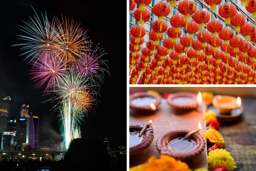 Festivals & Celebrations in Singapore: Fireworks over Harbourfront (left), Chinese lanterns (top right) & oil lanterns (bottom right)