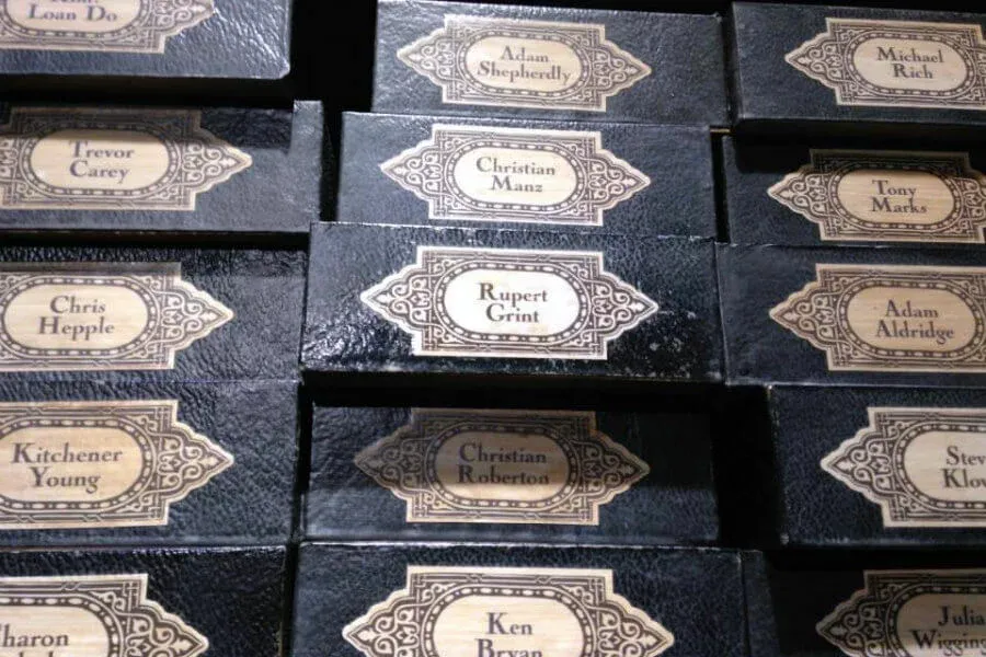 Wand boxes labelled with the names of actors and crew